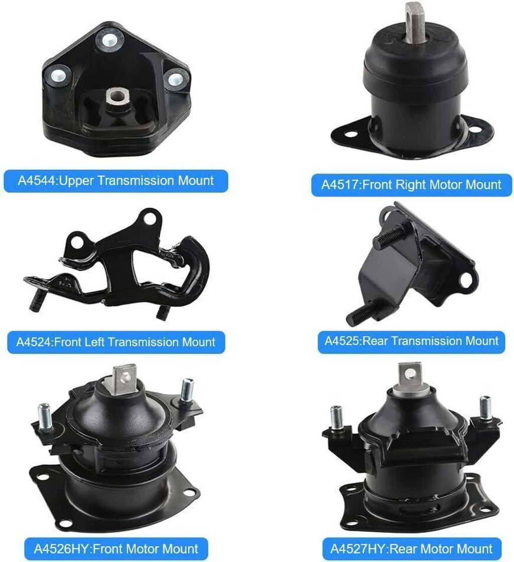 Engine mount and transmission mount pieces with black rubber isolators and mounting holes