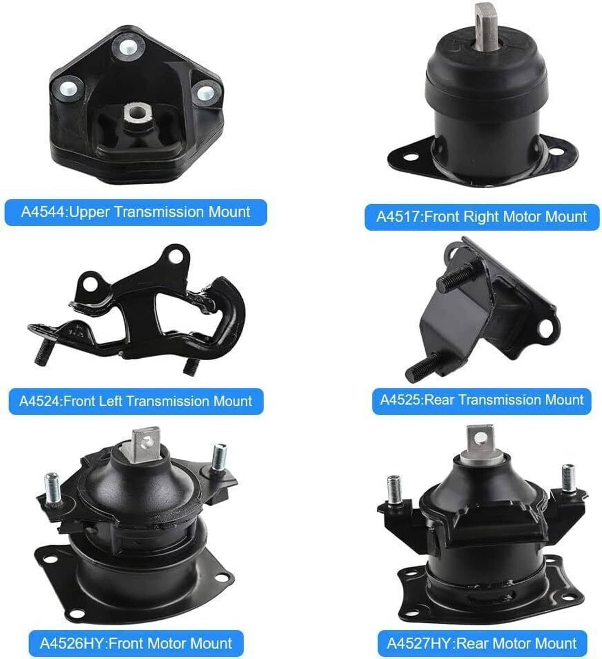 Engine mount and transmission mount pieces with black rubber isolators and mounting holes