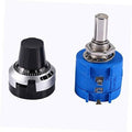 Precision potentiometer with black knob, blue housing, metal shaft and solder terminals
