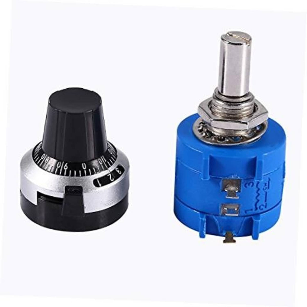 Precision potentiometer with black knob, blue housing, metal shaft and solder terminals