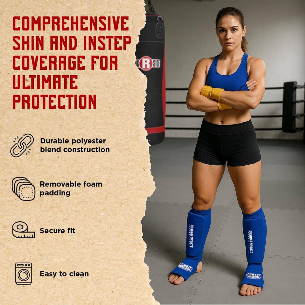 Blue padded shin and instep guards on legs with foam padding
