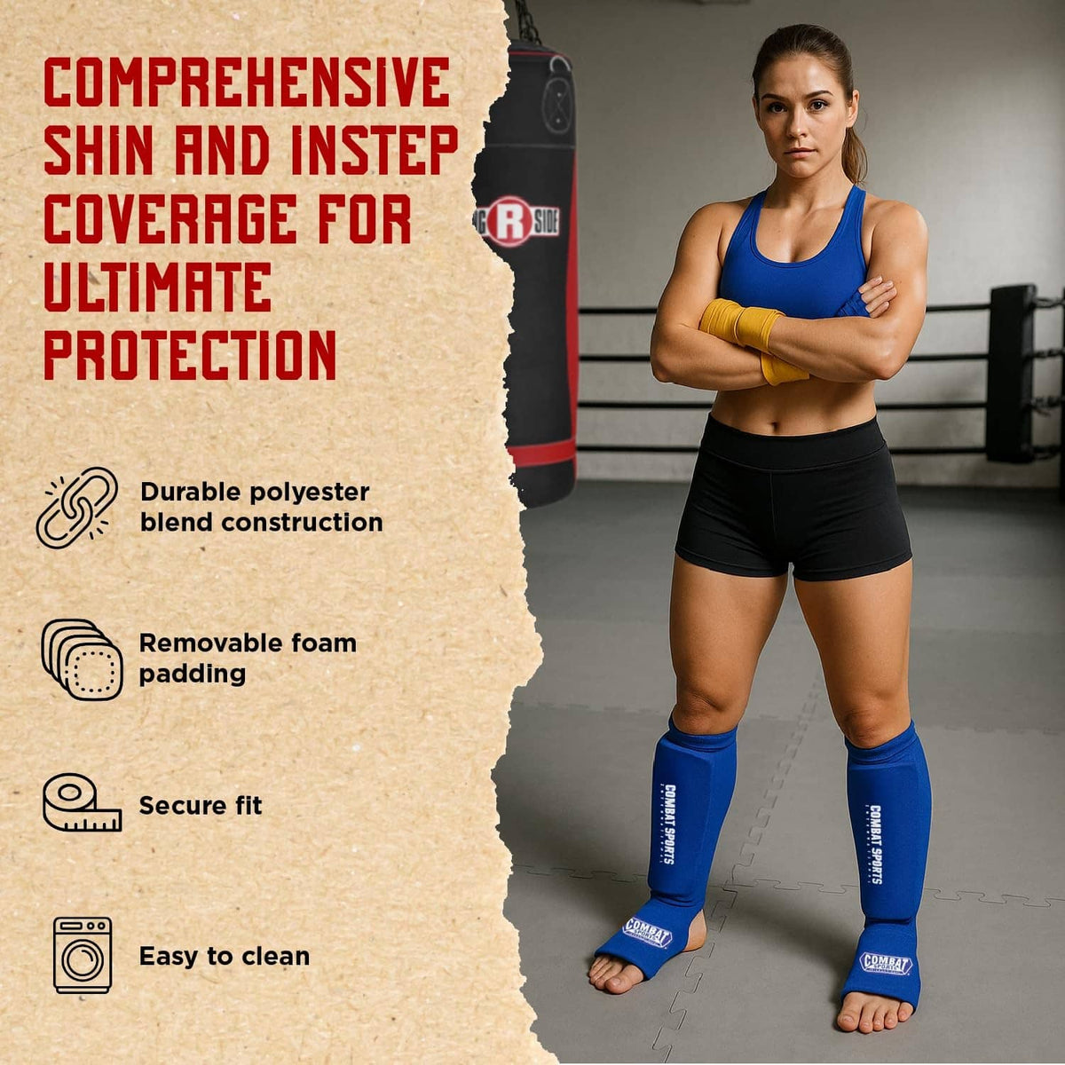 Blue padded shin and instep guards on legs with foam padding