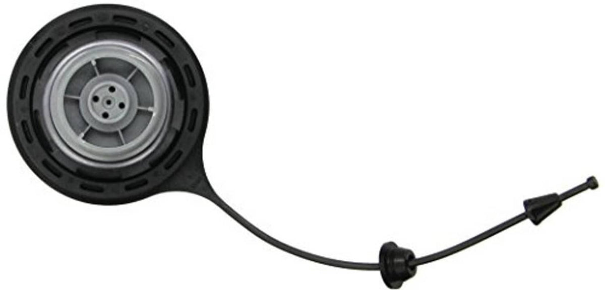 Fuel cap with vent hose and spring valve, black housing with metal insert