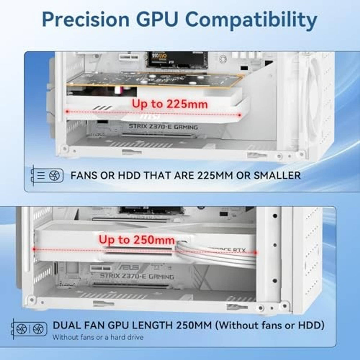 White PC case with expanded GPU clearance and front-to-back cable space
