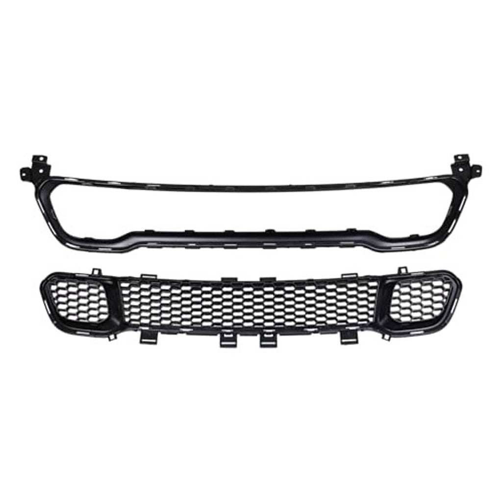 Black grille with honeycomb mesh center and side mesh grilles in a dark frame