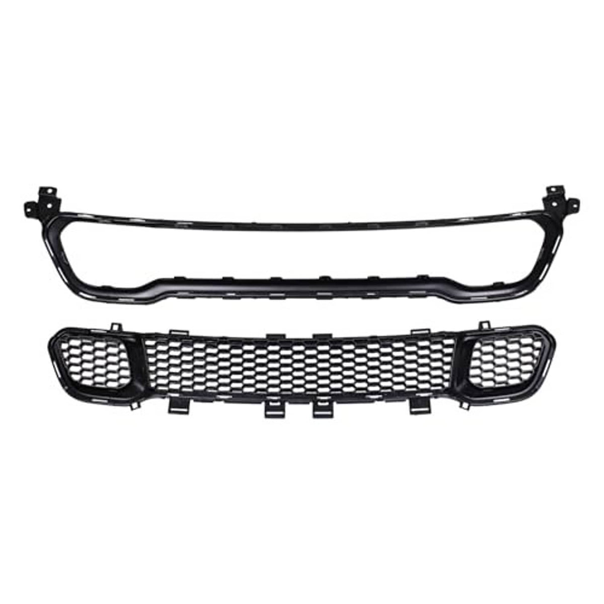 Black grille with honeycomb mesh center and side mesh grilles in a dark frame