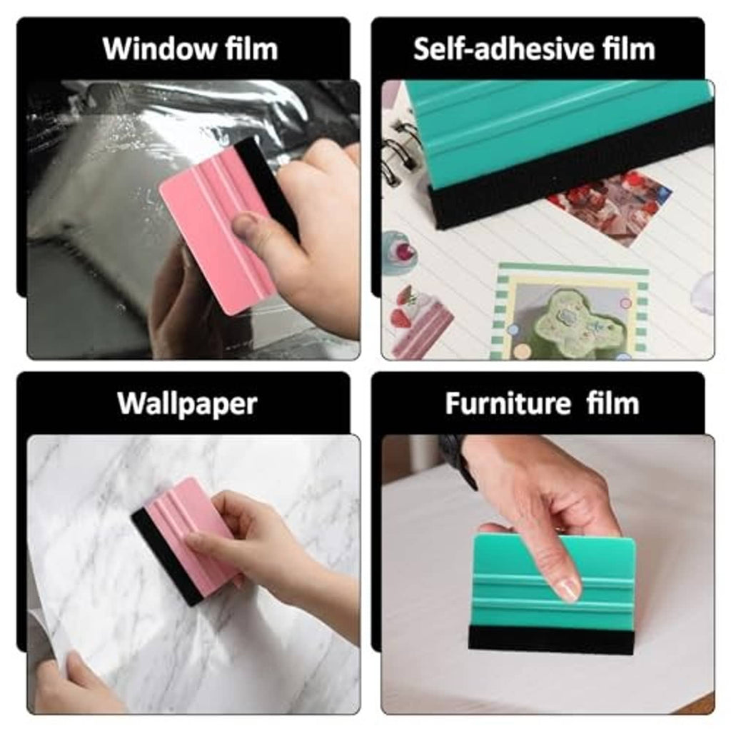 Vinyl wrap squeegee set with felt pads, showing pink and green tools for films