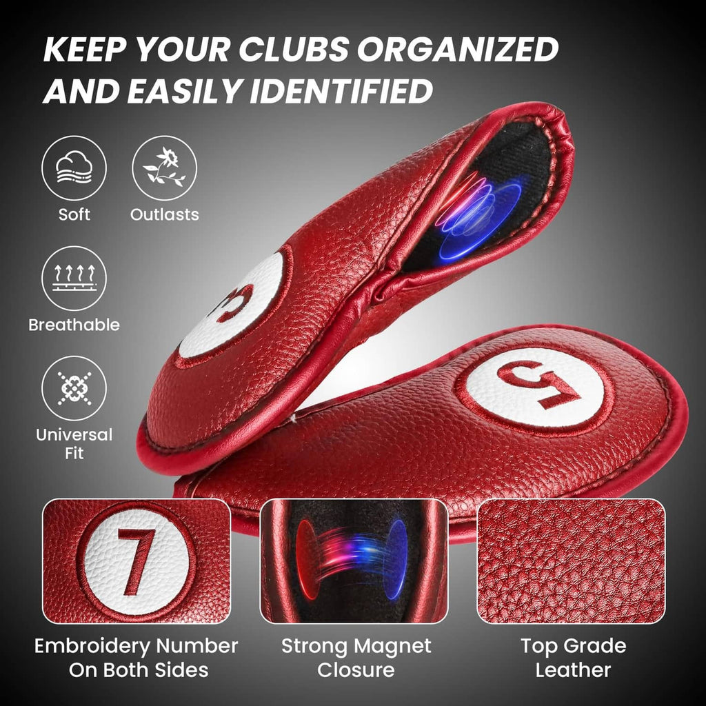Red magnetic golf iron headcover with embroidered number 7, strong magnet closure