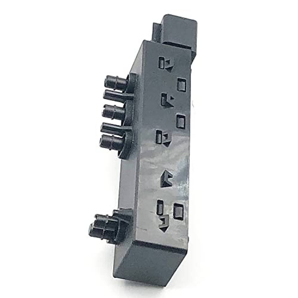 Power seat tilt switch module, side view with metal pin terminals and mounting tabs