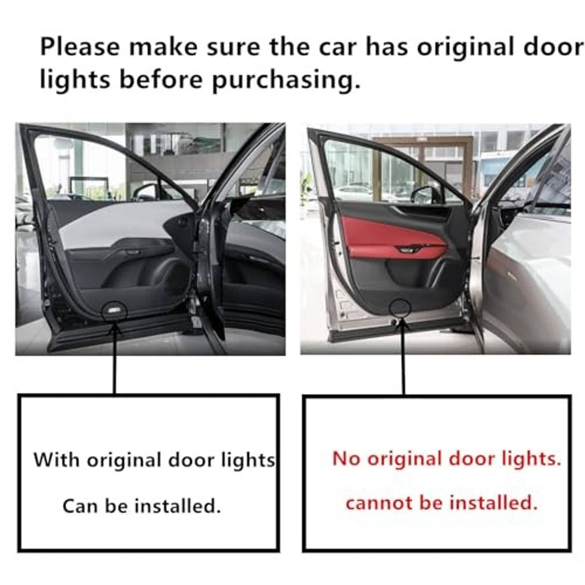 Car interior door panel showing original door light compatibility (no lights vs with lights)