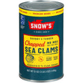 Snow's chopped sea clams can, blue label with red and yellow branding, metal lid