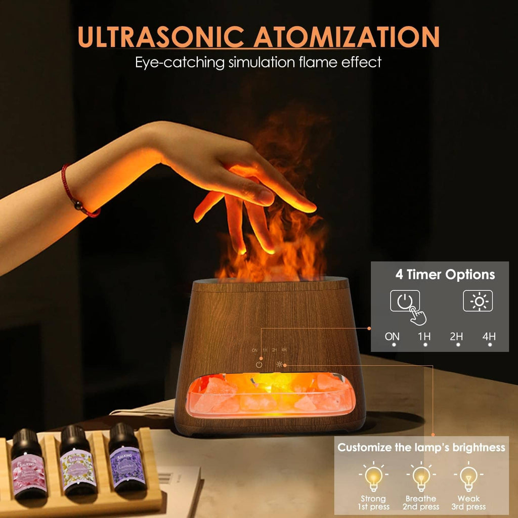 Dark wood salt lamp diffuser humidifier with glowing pink salt-rock tank and timer buttons