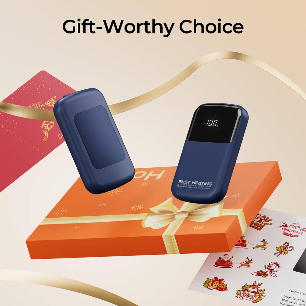 Gift set of two blue rechargeable hand warmers with digital temperature displays.