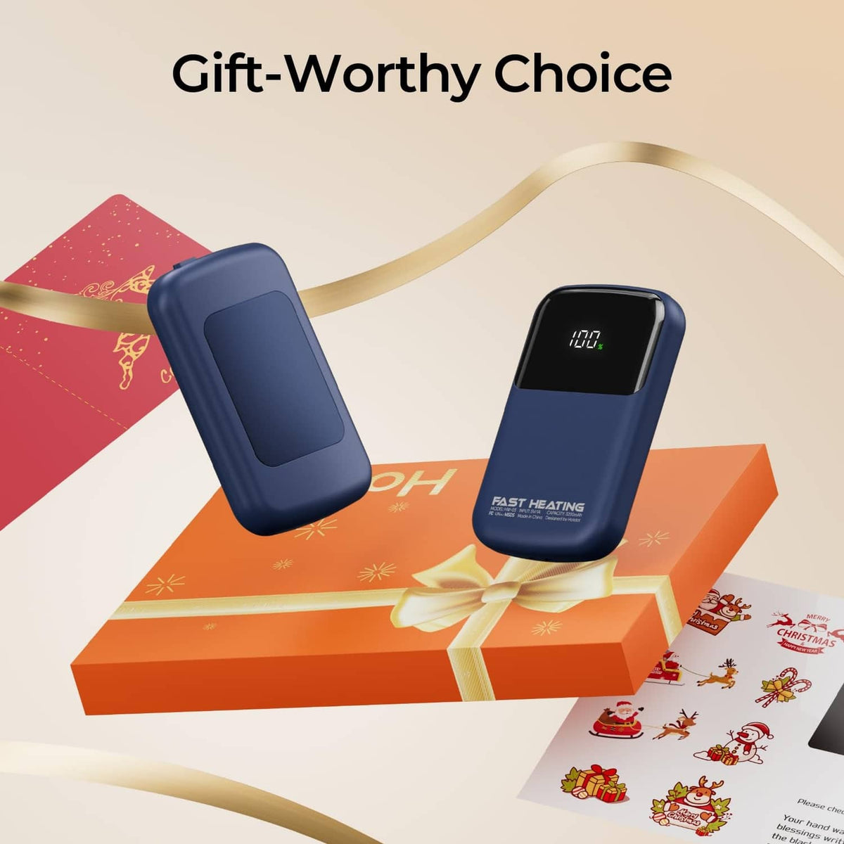 Gift set of two blue rechargeable hand warmers with digital temperature displays.