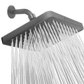 Charcoal grey 8-inch square rain shower head with wall arm