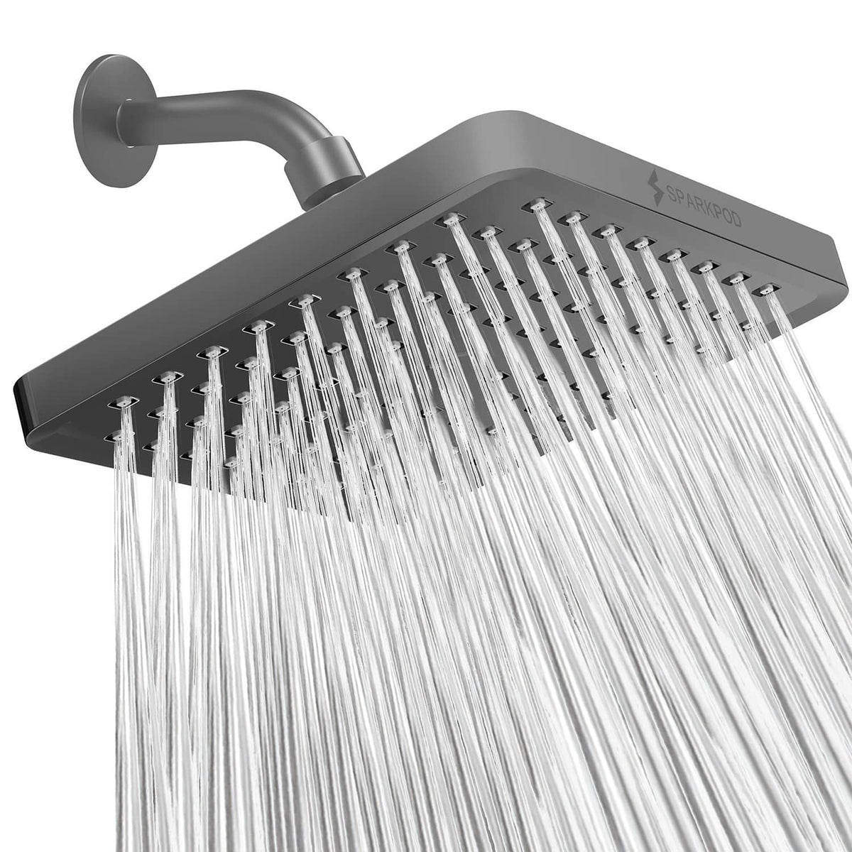 Charcoal grey 8-inch square rain shower head with wall arm