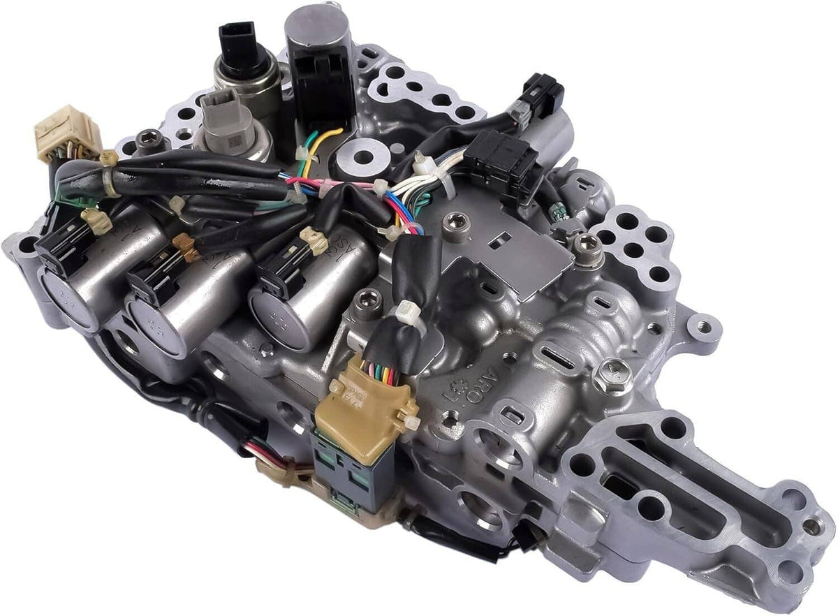 CVT transmission valve body with wiring harness and electrical connectors, silver metal