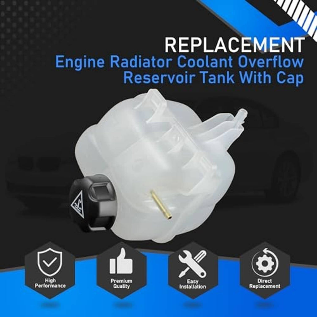 Radiator coolant overflow reservoir tank with black cap, angled translucent white plastic