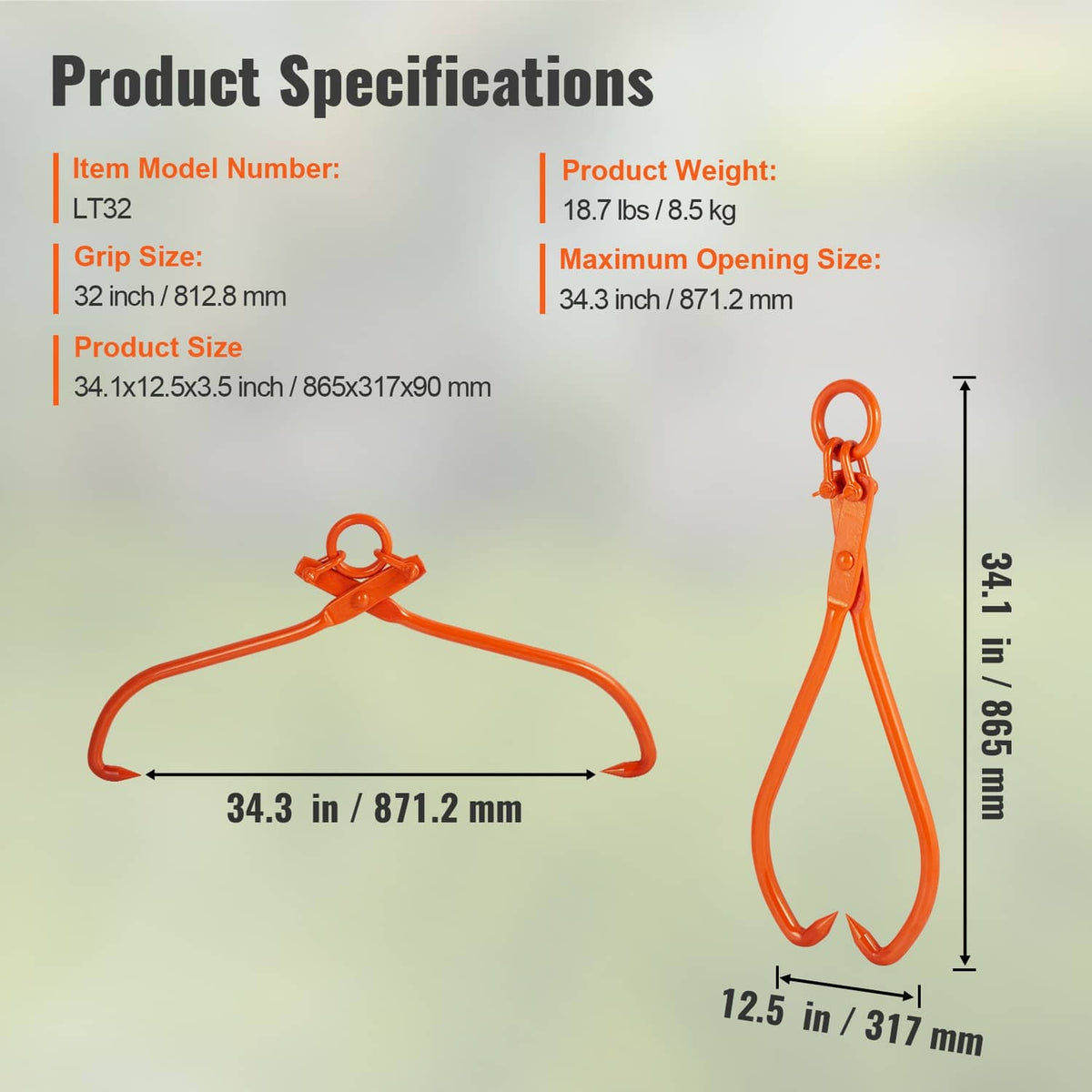 Orange 2-claw log tongs diagram with lifting ring and curved grapple hooks