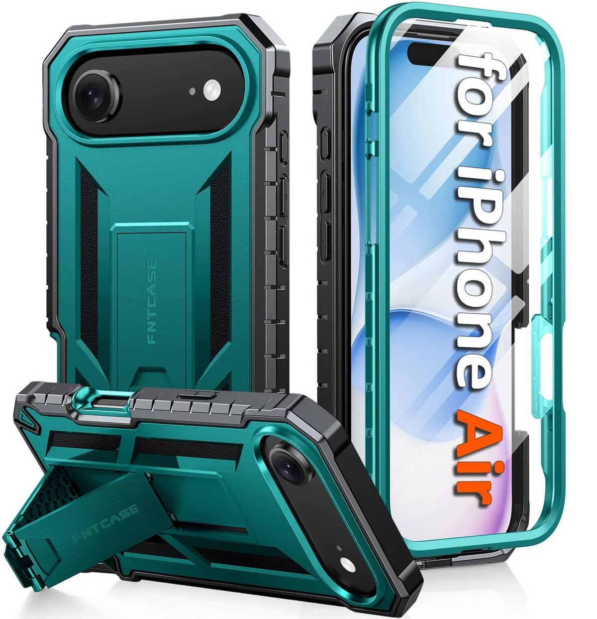 Rugged green iPhone Air 6.5-inch case with raised camera guard and kickstand