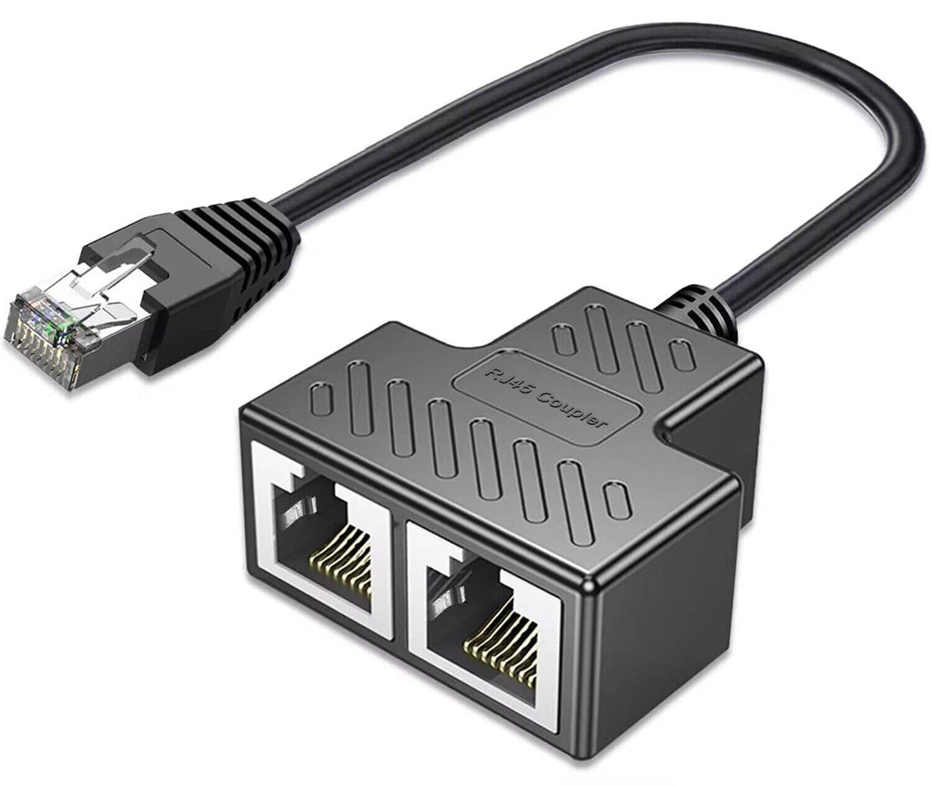 Black RJ45 Ethernet splitter 1-to-2 with dual ports and attached network cable