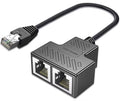 Black RJ45 Ethernet splitter 1-to-2 with dual ports and attached network cable