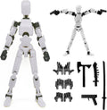 White articulated action figure robot with black accessories and removable weapon parts