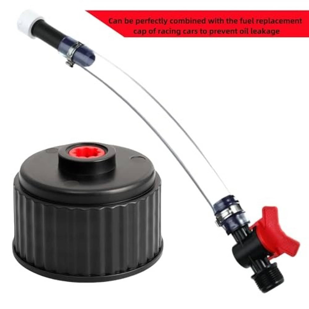 Racing fuel jug hose with ball valve shutoff and black ribbed cap