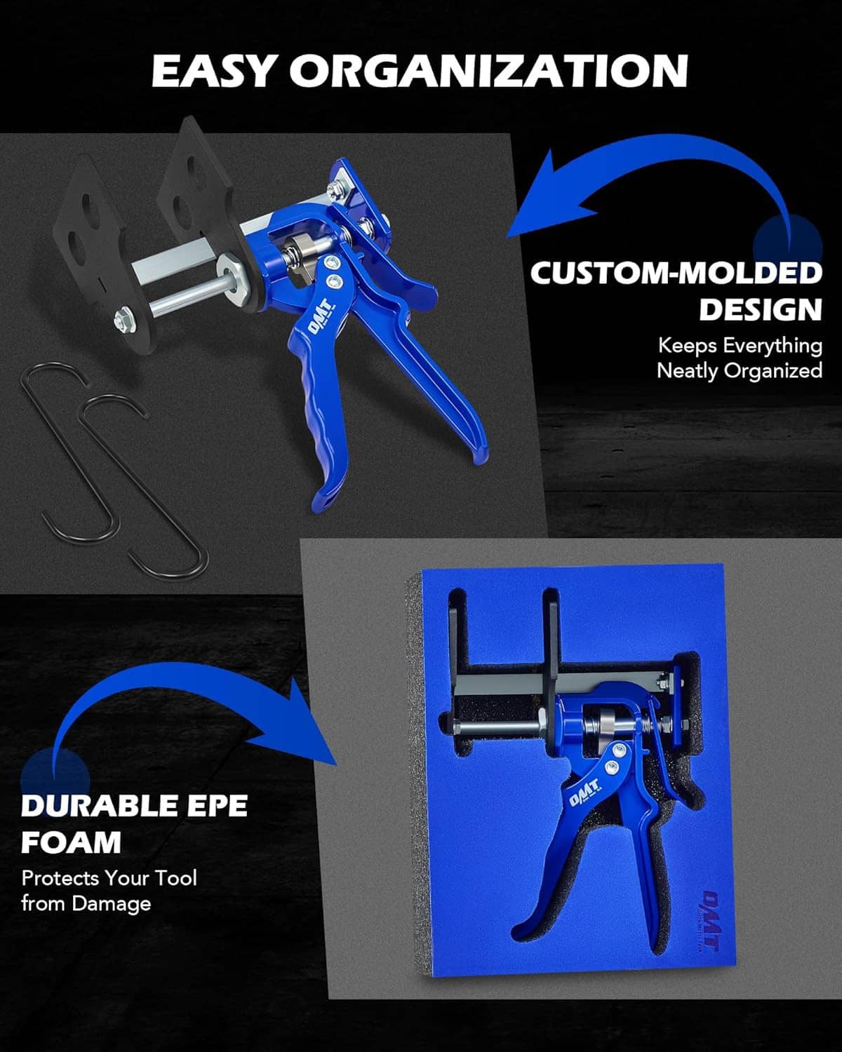 Blue brake caliper piston compressor tool with custom foam organizer and protective insert