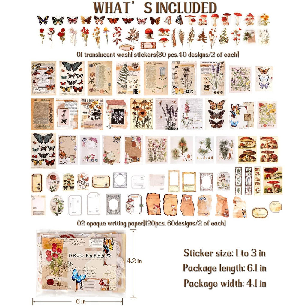 Sticker and writing paper set contents layout with butterflies, labels, and deco designs