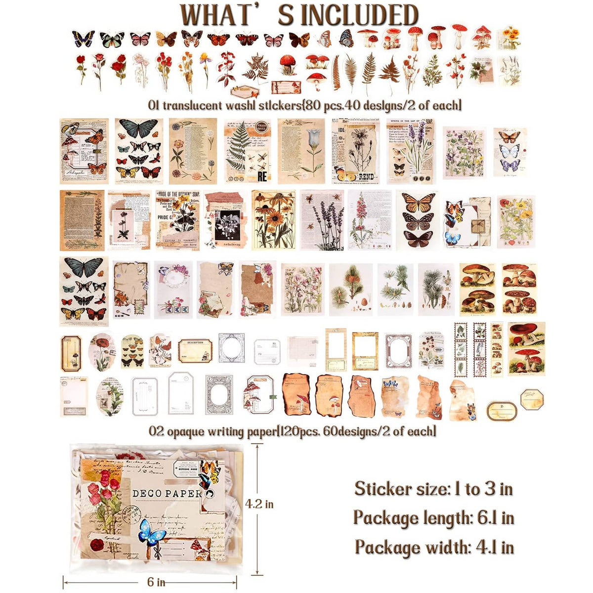 Sticker and writing paper set contents layout with butterflies, labels, and deco designs