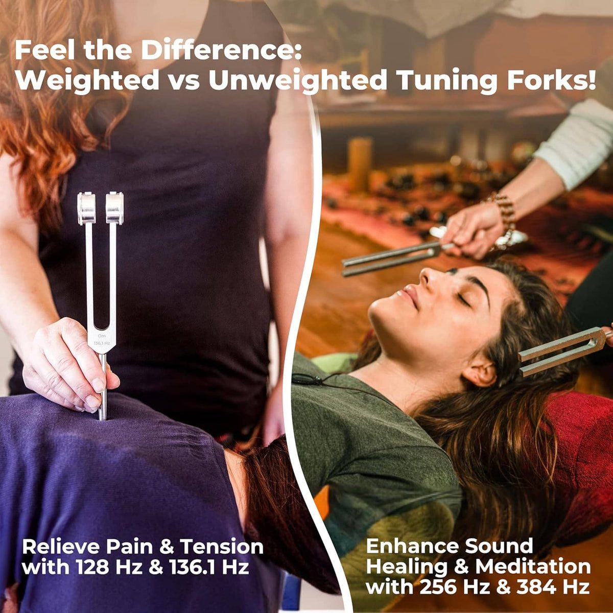 Weighted vs unweighted healing tuning fork set with four silver forks in hands