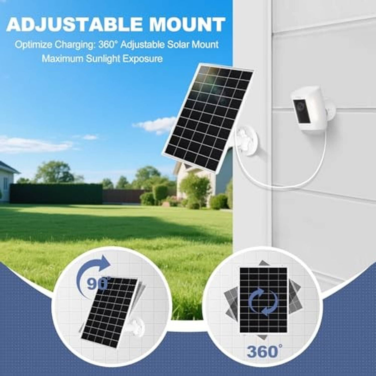 Adjustable solar panel with 360-degree mount and white wall cable for outdoor use