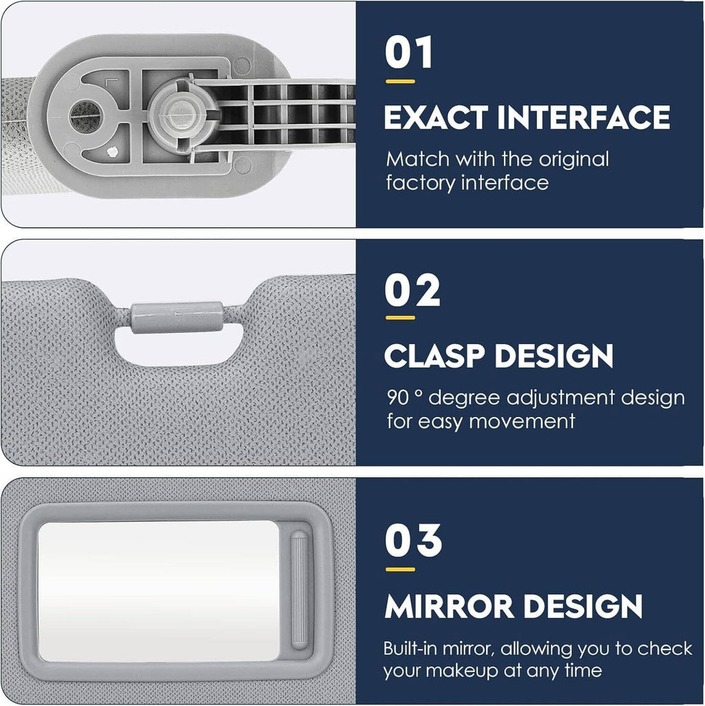 Gray car sun visor set showing underside grille and clasp design