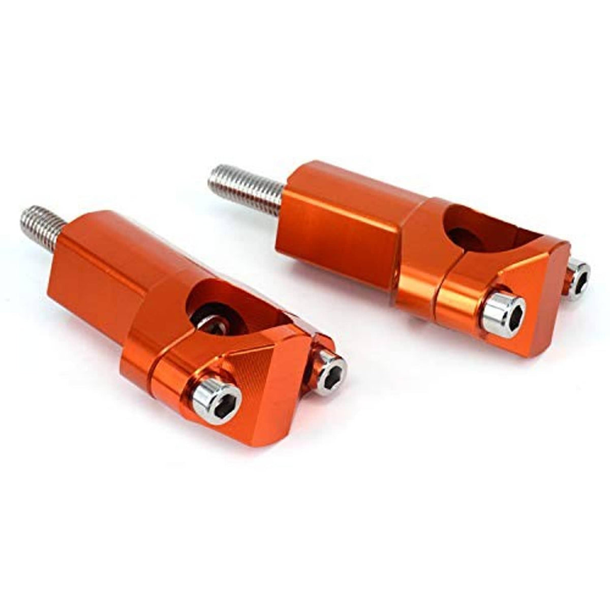 Orange handlebar riser clamp hardware, two adjustable mounts with long threaded bolts