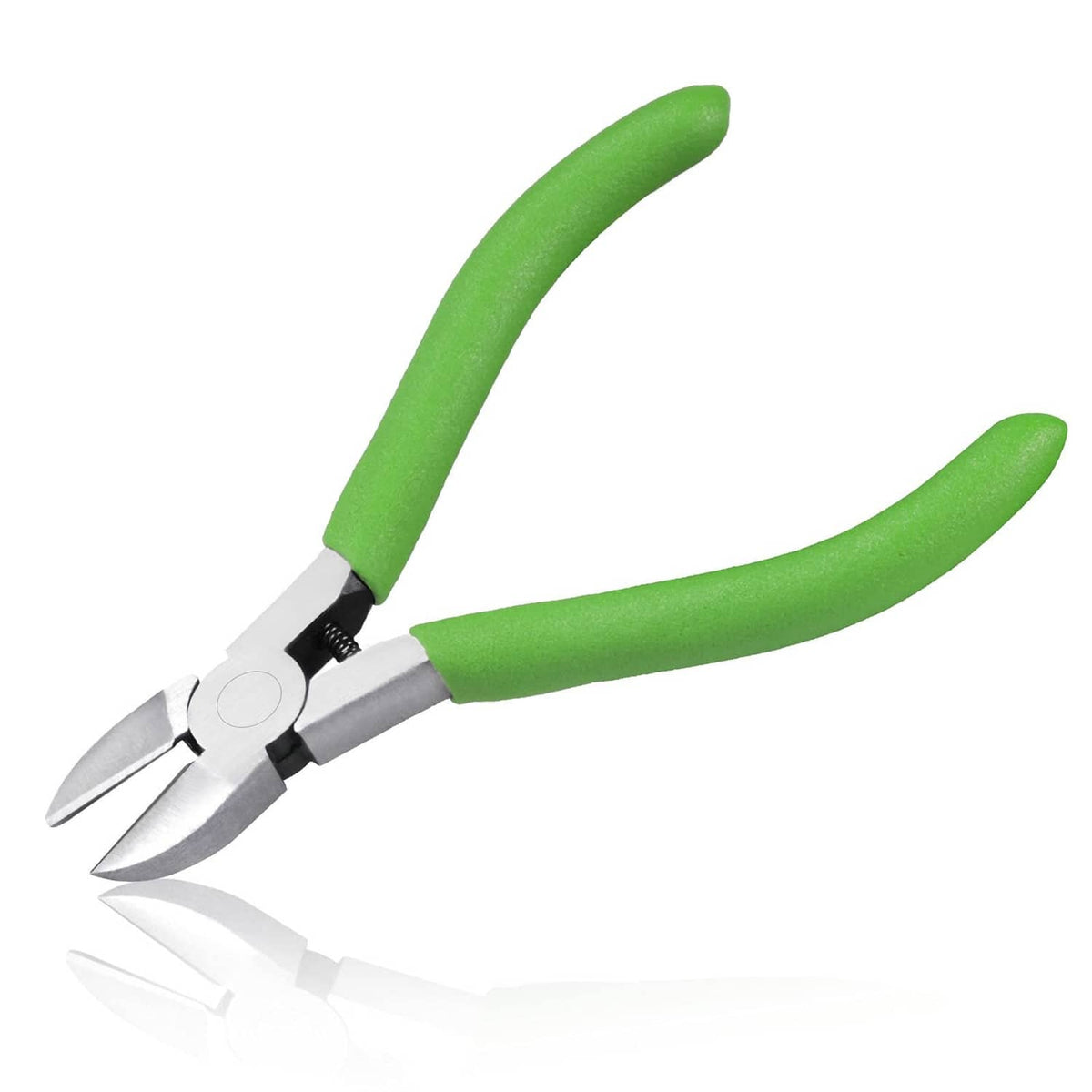 Green-handled diagonal cutting pliers with pointed wire-cutting jaws