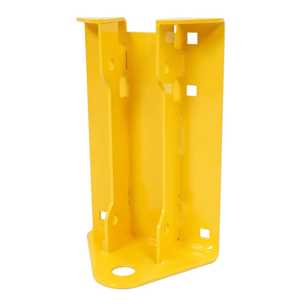 Yellow mower hitch bracket panel with hardware cutouts and base mounting hole.
