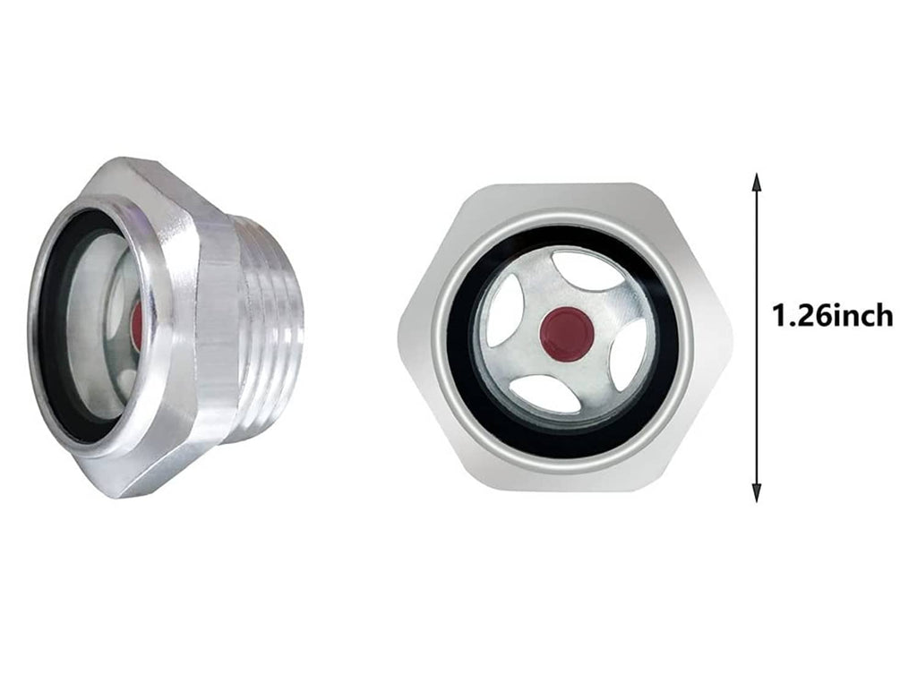 Pair of silver 3/4 in NPT oil sight glasses with 1.26 in height measurement arrow