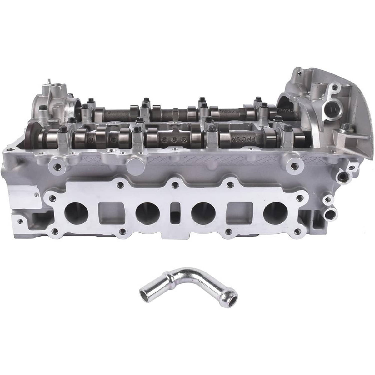 Cylinder head assembly with camshaft and rocker components, side view