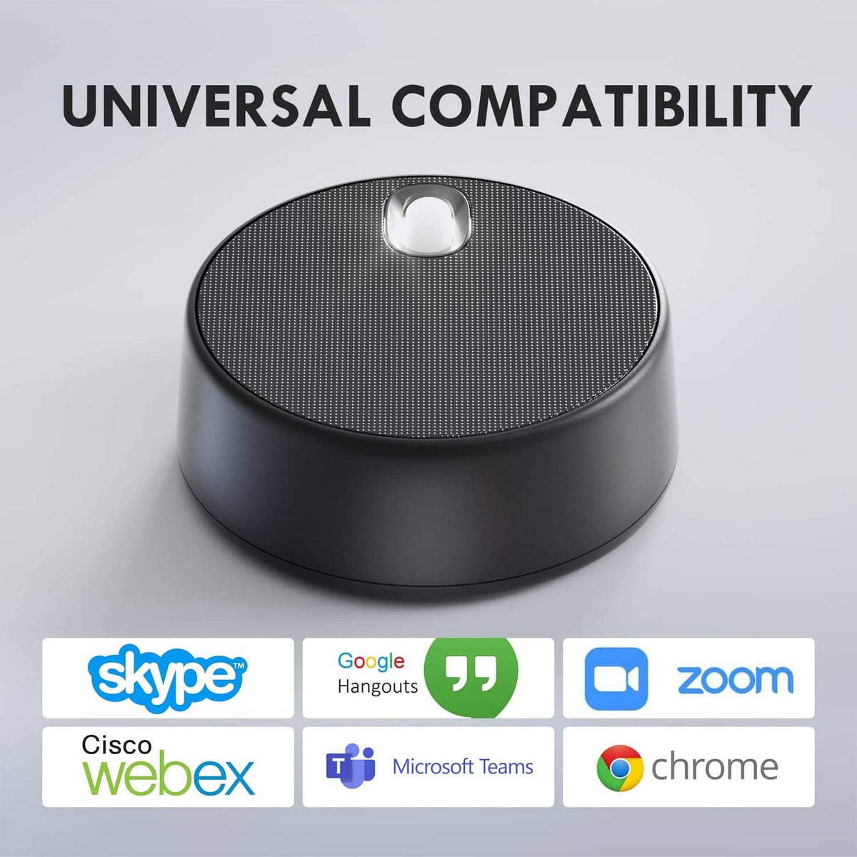 Round black USB speaker with textured top grille and central microphone opening