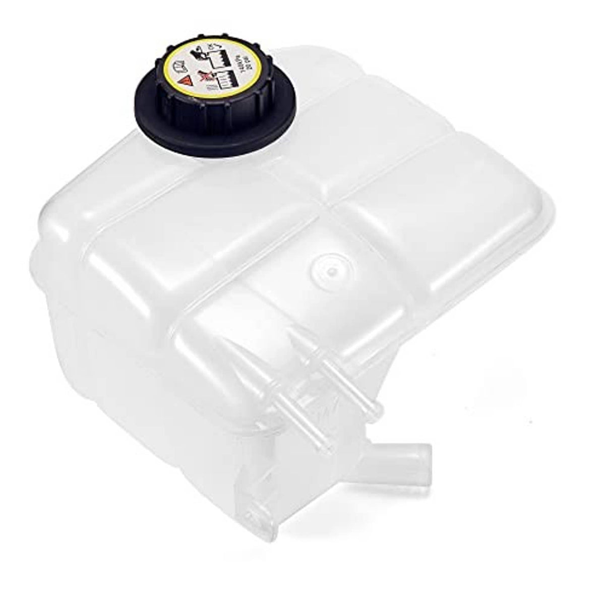 White coolant reservoir tank with black cap on top, side outlet and molded ribs