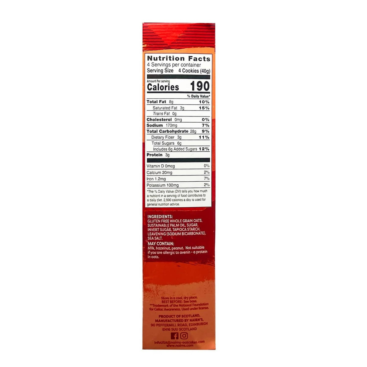 Nairn's oat grahams original nutrition facts panel on the gluten-free cracker box
