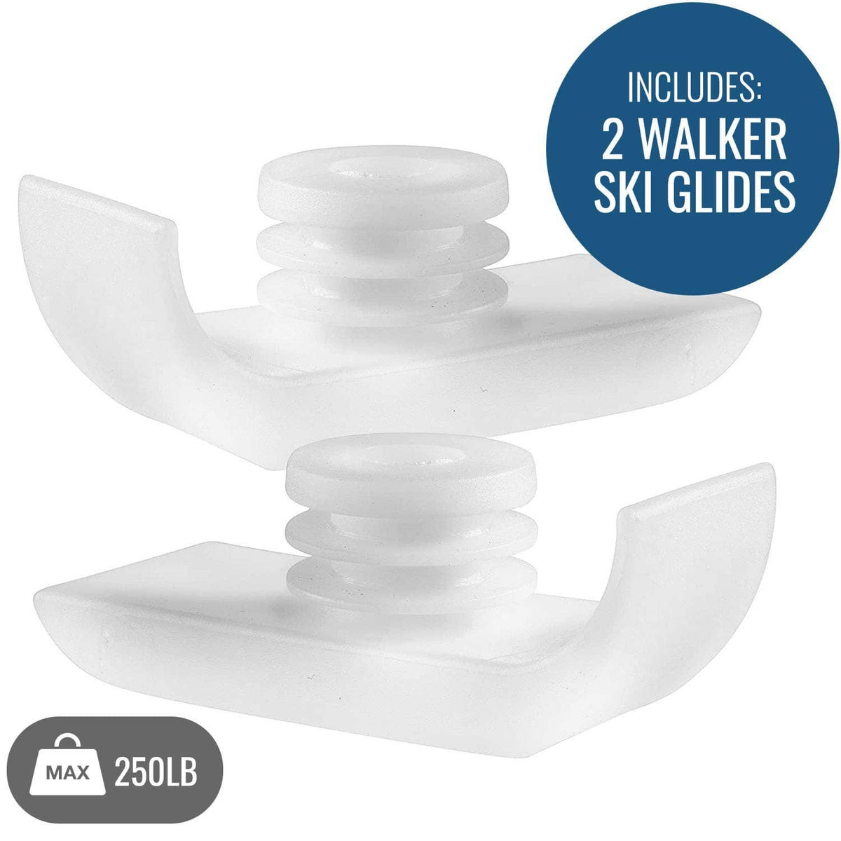 Pair of white walker ski glides with curved runners and stacked central pads
