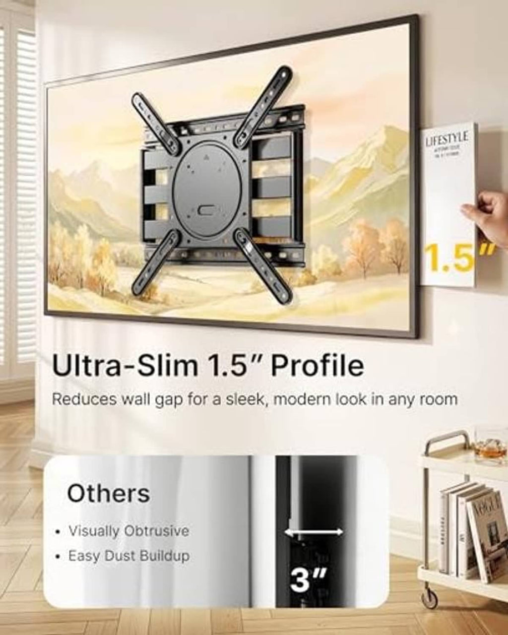Ultra-slim black TV wall mount with slim profile bracket and crossbar support arms