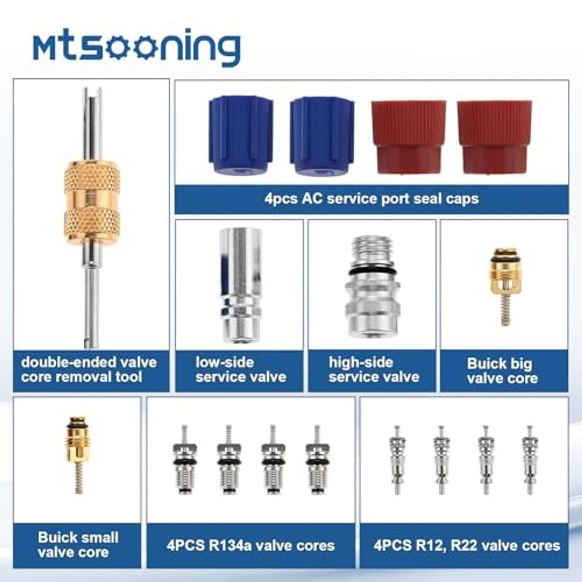 AC service port seal caps, valve cores, and double-ended core removal tool set