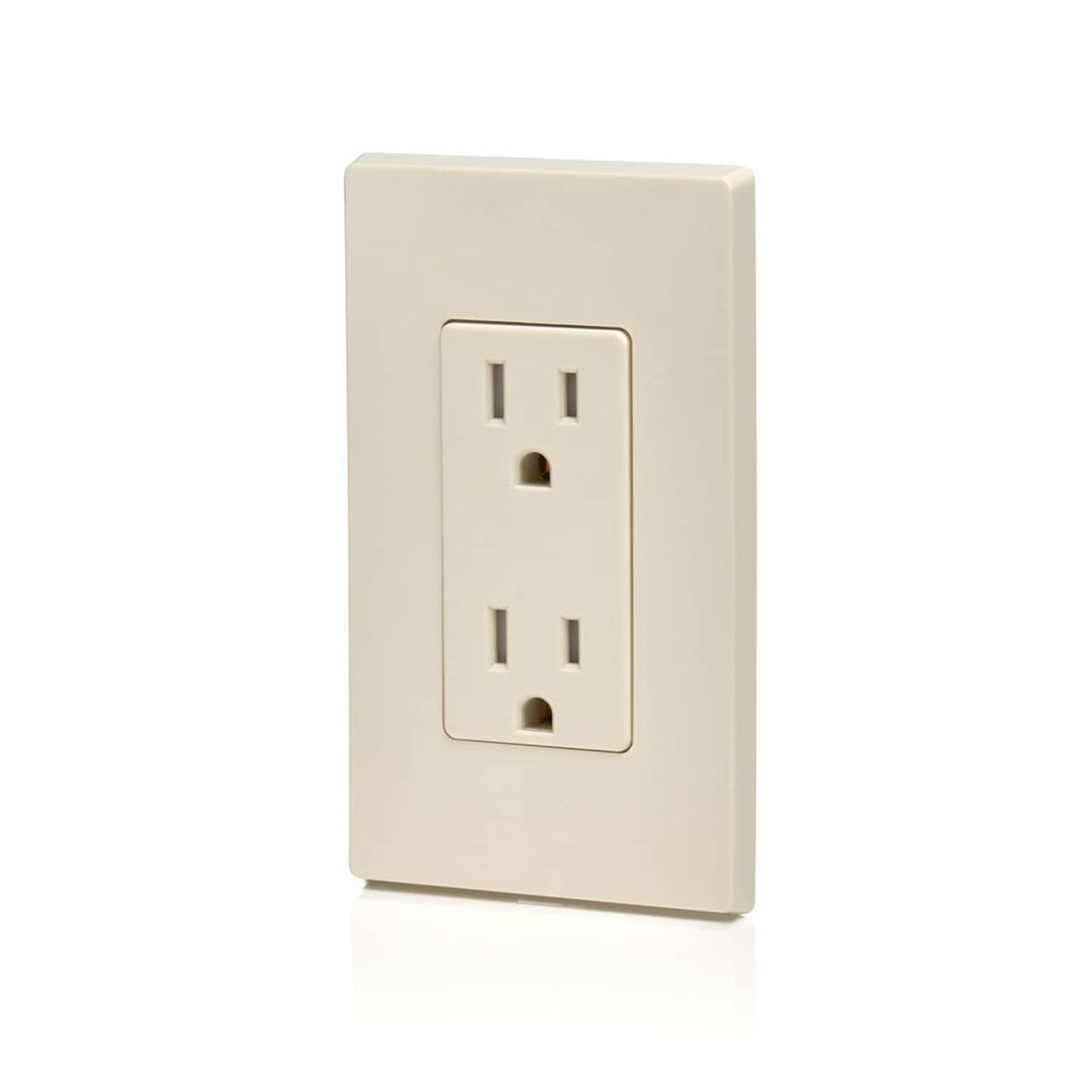 Light almond Decora-style tamper-resistant duplex outlet receptacle, angled front