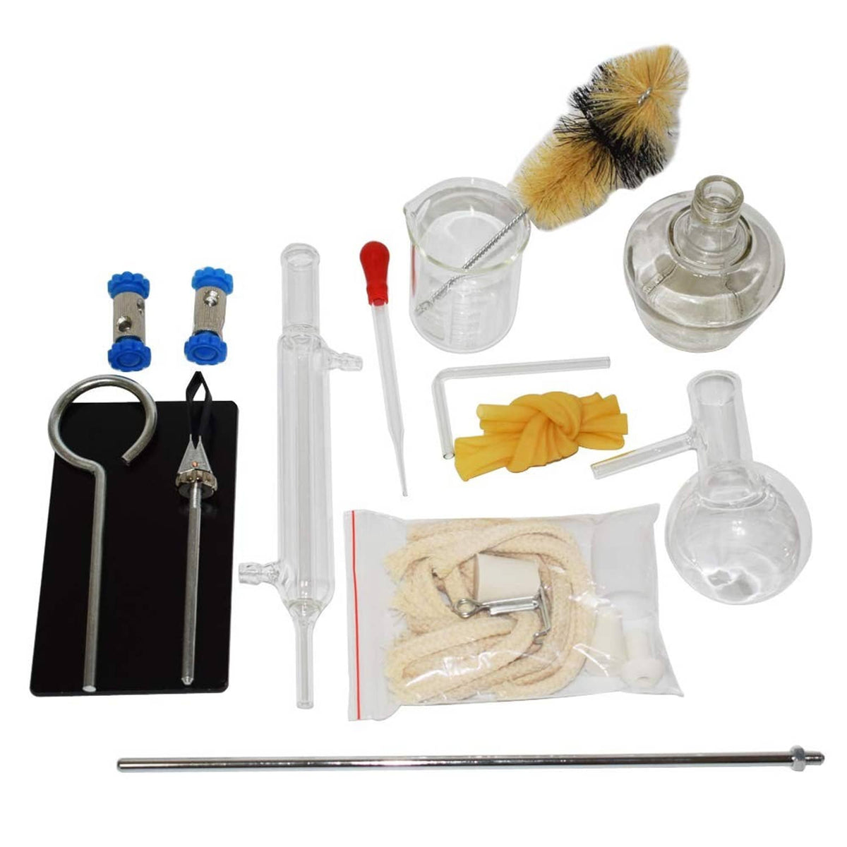 Distillation equipment assortment with glass parts, tubing, brushes, and accessory bags