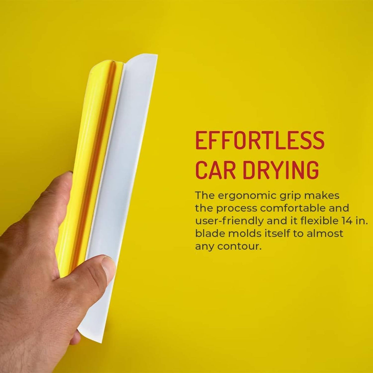 Yellow car drying squeegee with ergonomic grip and white silicone blade