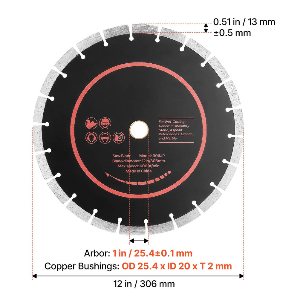 12 in diamond saw blade with red ring, 1 in arbor and copper bushing measurements