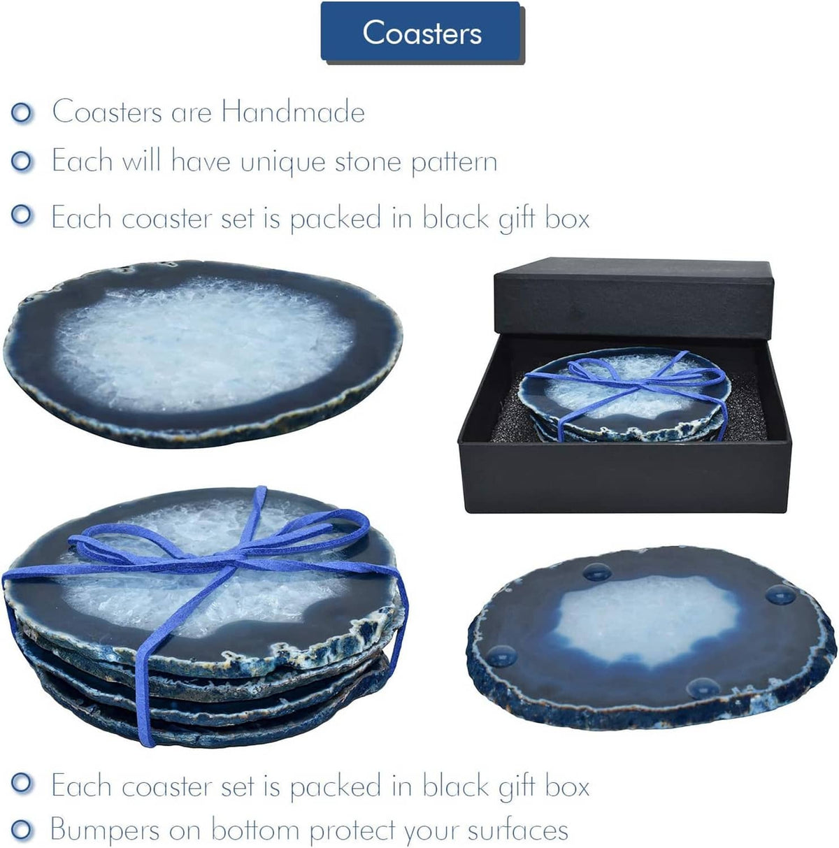Blue agate coasters set in black gift box, tied with blue ribbon